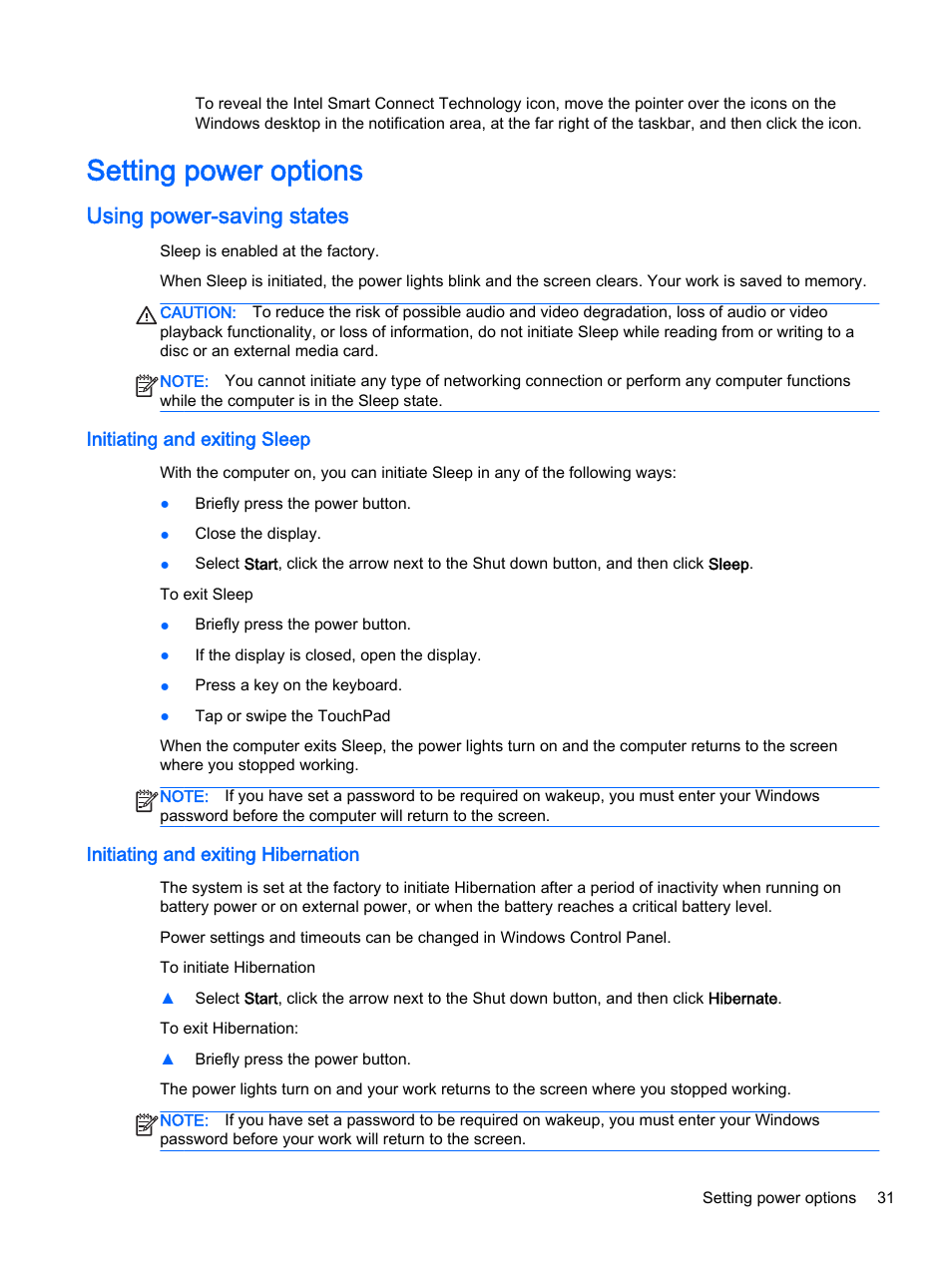 Setting power options, Using power-saving states, Initiating and exiting sleep | Initiating and exiting hibernation | HP EliteBook Folio 1040 G1 Notebook PC User Manual | Page 41 / 90