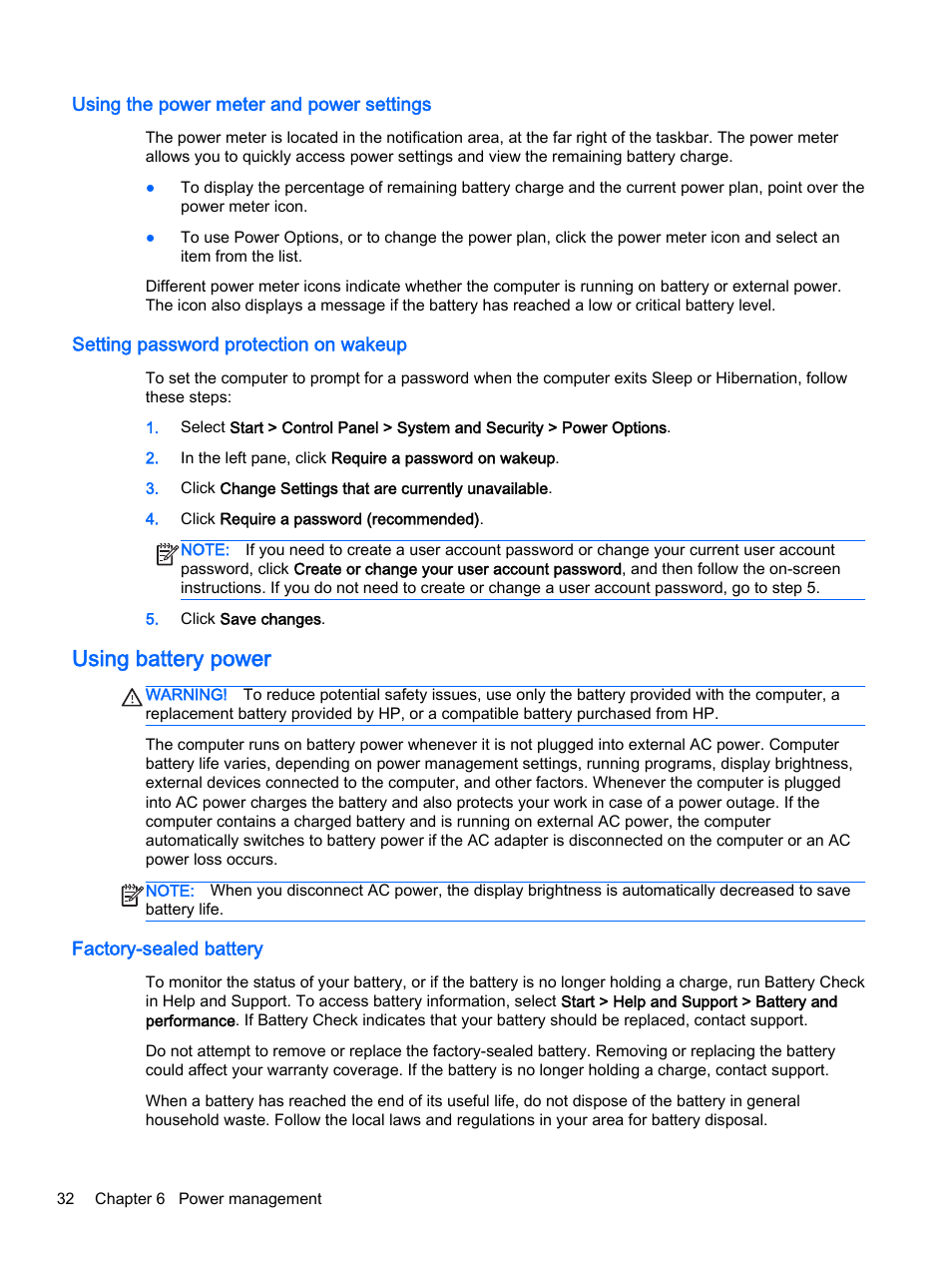 Using the power meter and power settings, Setting password protection on wakeup, Using battery power | Factory-sealed battery | HP EliteBook Folio 1040 G1 Notebook PC User Manual | Page 42 / 90