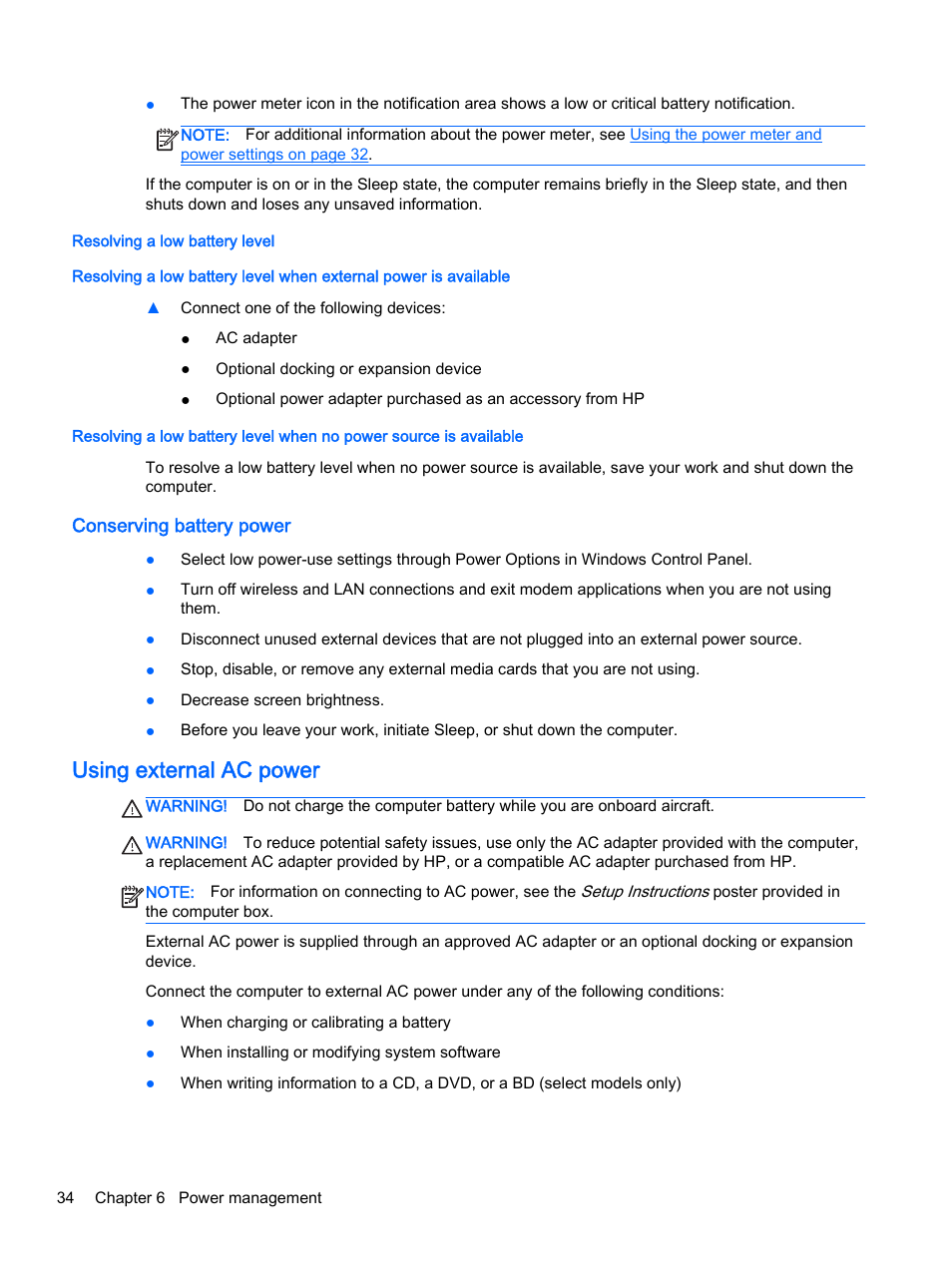 Resolving a low battery level, Conserving battery power, Using external ac power | HP EliteBook Folio 1040 G1 Notebook PC User Manual | Page 44 / 90