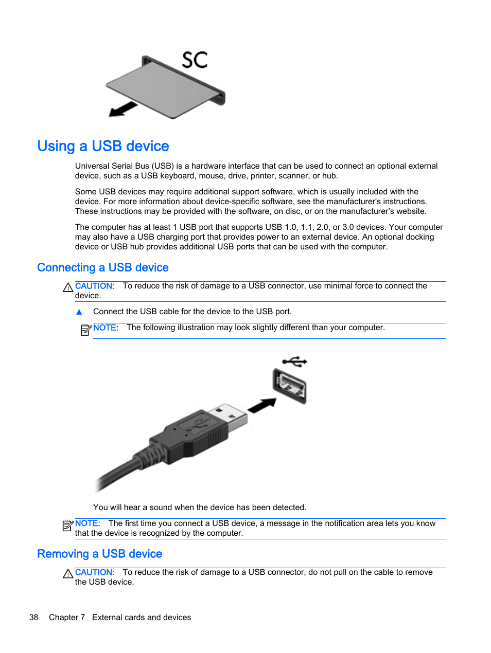 Using a usb device, Connecting a usb device, Removing a usb device | Connecting a usb device removing a usb device | HP EliteBook Folio 1040 G1 Notebook PC User Manual | Page 48 / 90