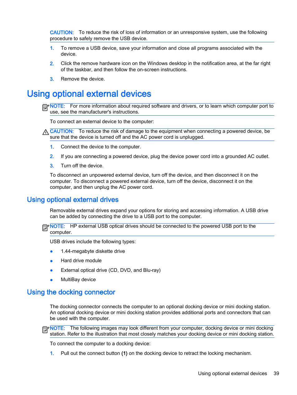 Using optional external devices, Using optional external drives, Using the docking connector | HP EliteBook Folio 1040 G1 Notebook PC User Manual | Page 49 / 90