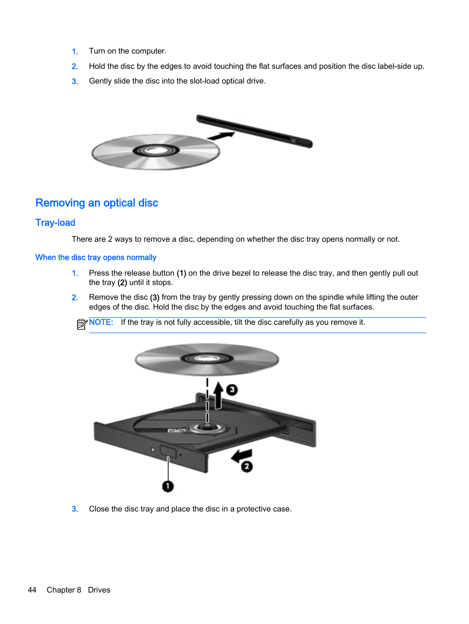 Removing an optical disc, Tray-load, When the disc tray opens normally | HP EliteBook Folio 1040 G1 Notebook PC User Manual | Page 54 / 90