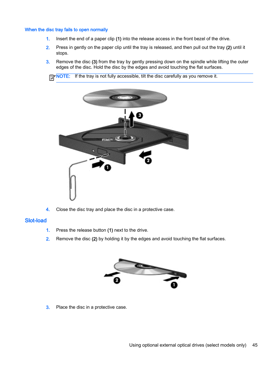 When the disc tray fails to open normally, Slot-load | HP EliteBook Folio 1040 G1 Notebook PC User Manual | Page 55 / 90