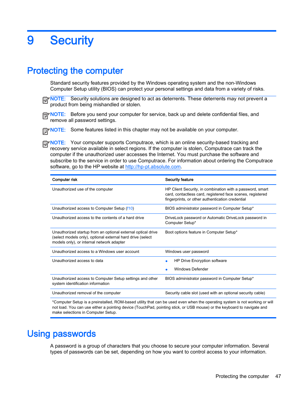 Security, Protecting the computer, Using passwords | 9 security, Protecting the computer using passwords, 9security | HP EliteBook Folio 1040 G1 Notebook PC User Manual | Page 57 / 90