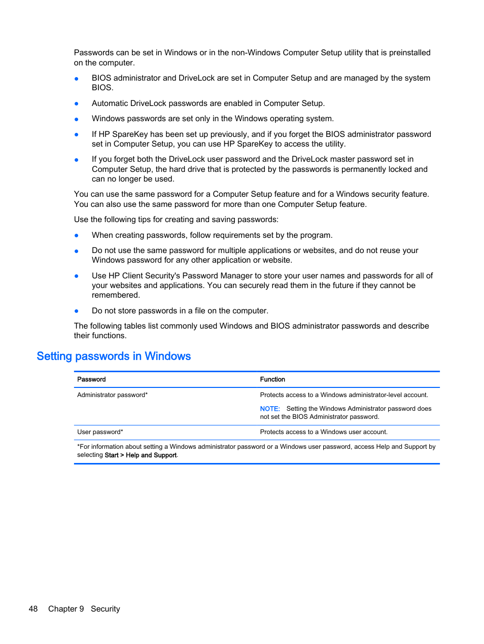 Setting passwords in windows | HP EliteBook Folio 1040 G1 Notebook PC User Manual | Page 58 / 90