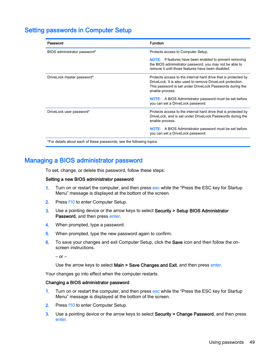 Setting passwords in computer setup, Managing a bios administrator password | HP EliteBook Folio 1040 G1 Notebook PC User Manual | Page 59 / 90