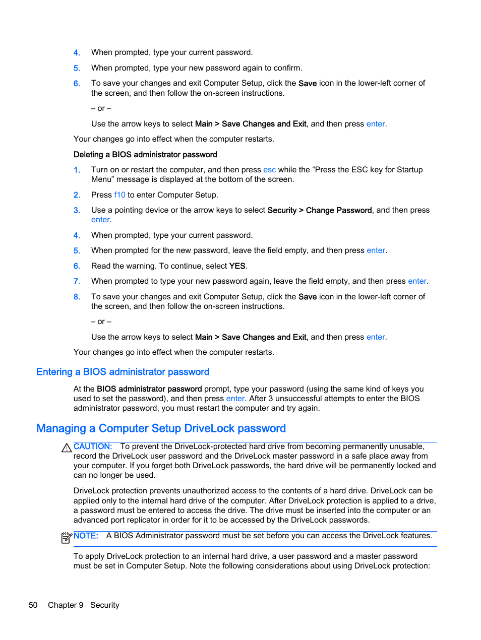 Entering a bios administrator password, Managing a computer setup drivelock password | HP EliteBook Folio 1040 G1 Notebook PC User Manual | Page 60 / 90