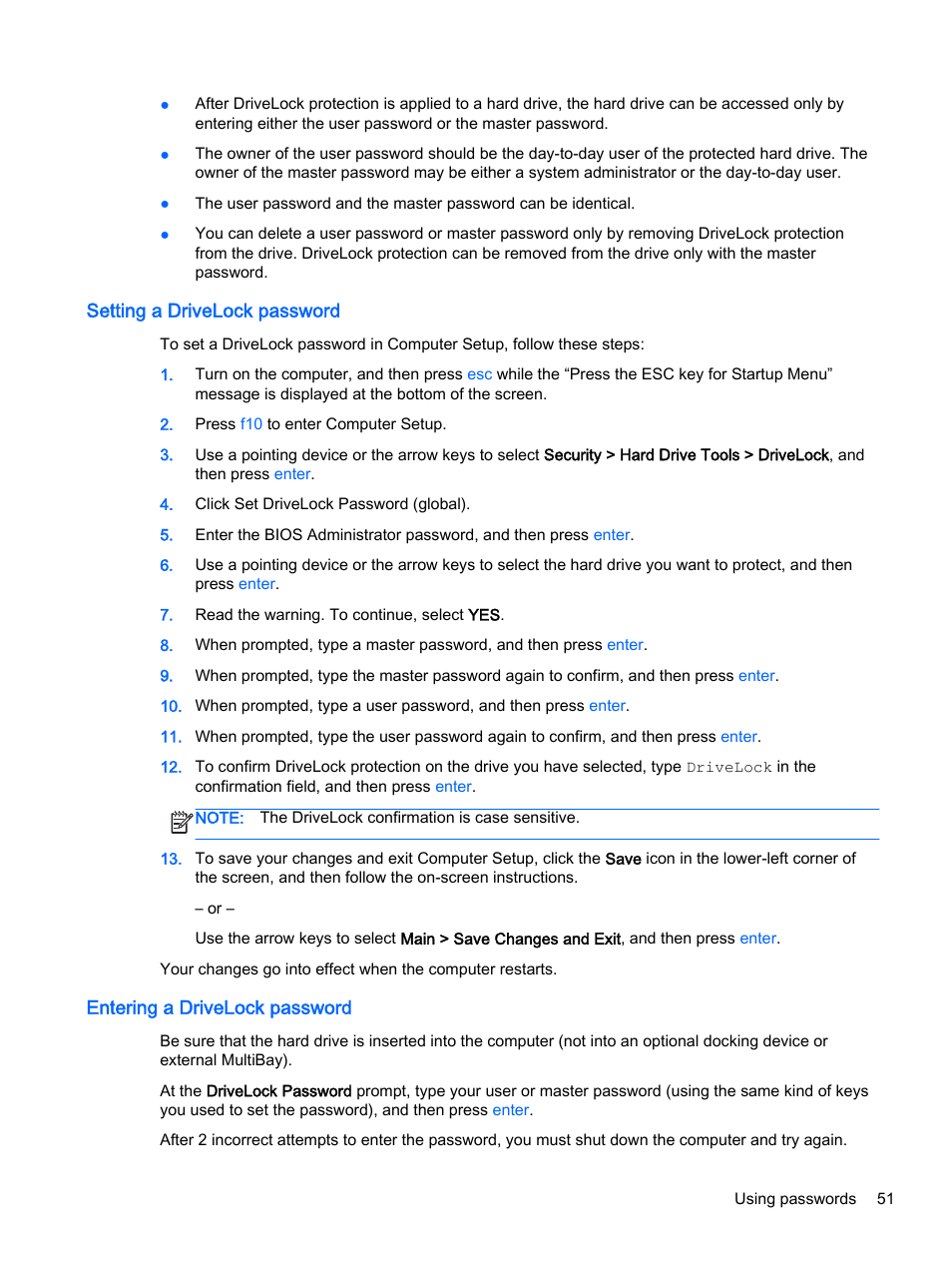 Setting a drivelock password, Entering a drivelock password | HP EliteBook Folio 1040 G1 Notebook PC User Manual | Page 61 / 90