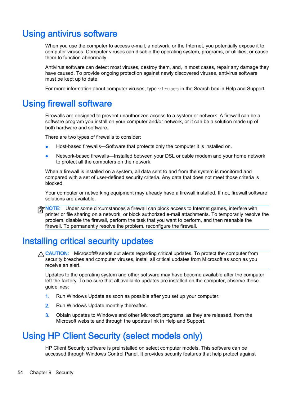 Using antivirus software, Using firewall software, Installing critical security updates | Using hp client security (select models only) | HP EliteBook Folio 1040 G1 Notebook PC User Manual | Page 64 / 90