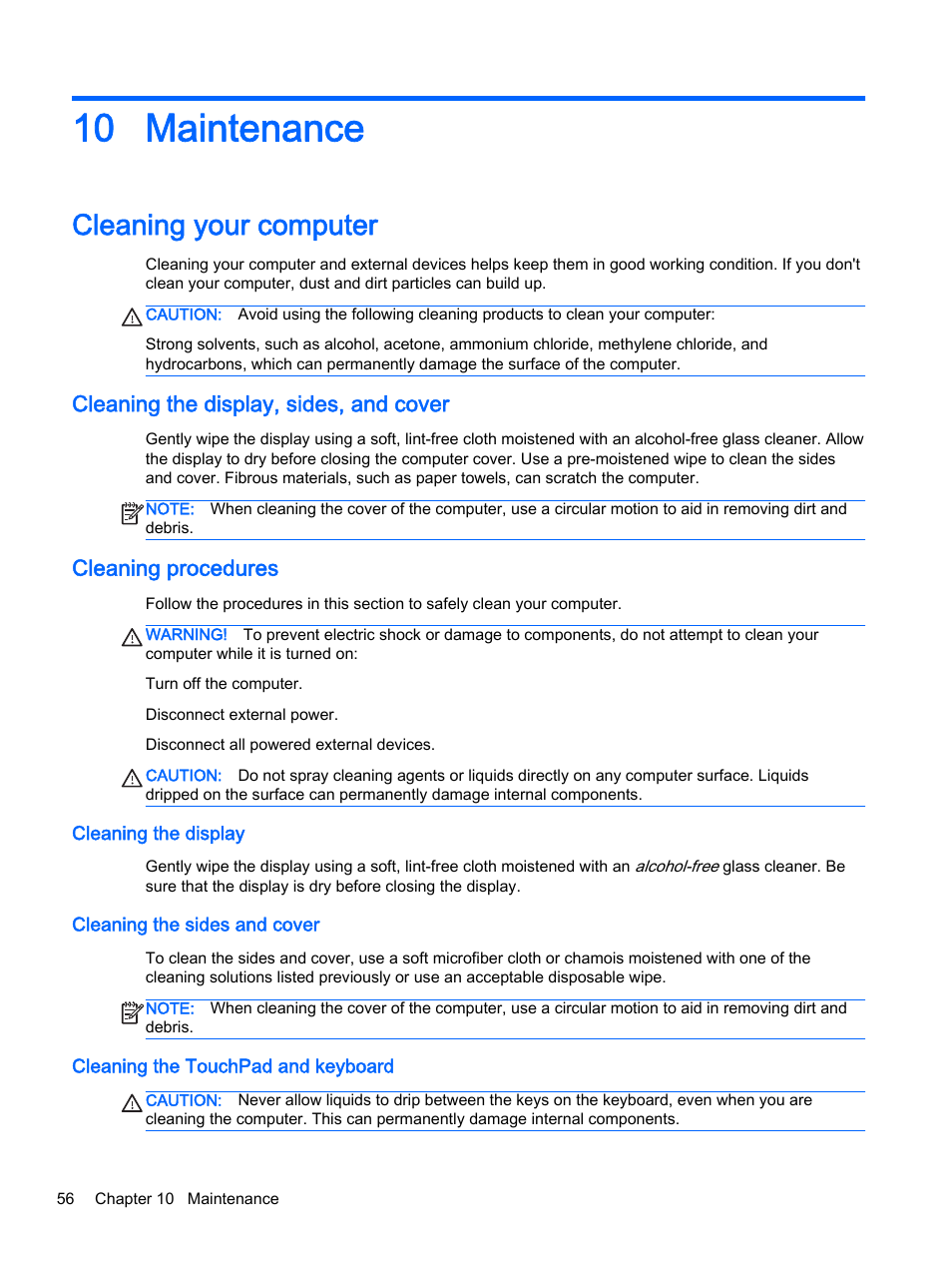 Maintenance, Cleaning your computer, Cleaning the display, sides, and cover | Cleaning procedures, Cleaning the display, Cleaning the sides and cover, Cleaning the touchpad and keyboard, 10 maintenance | HP EliteBook Folio 1040 G1 Notebook PC User Manual | Page 66 / 90