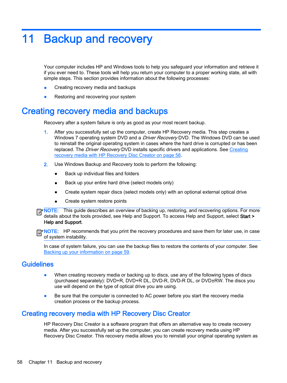 Backup and recovery, Creating recovery media and backups, Guidelines | 11 backup and recovery, Backup and | HP EliteBook Folio 1040 G1 Notebook PC User Manual | Page 68 / 90