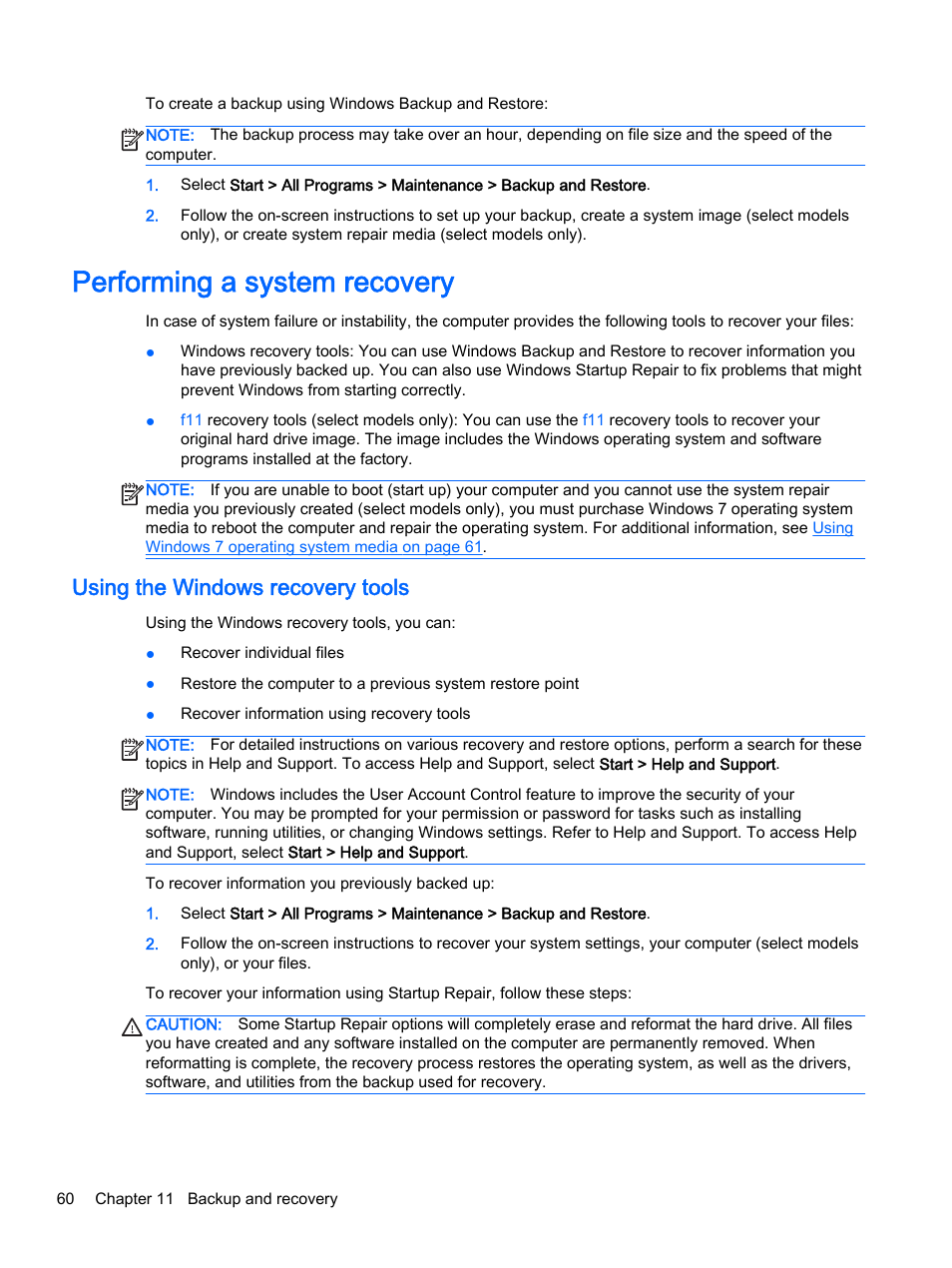 Performing a system recovery, Using the windows recovery tools | HP EliteBook Folio 1040 G1 Notebook PC User Manual | Page 70 / 90