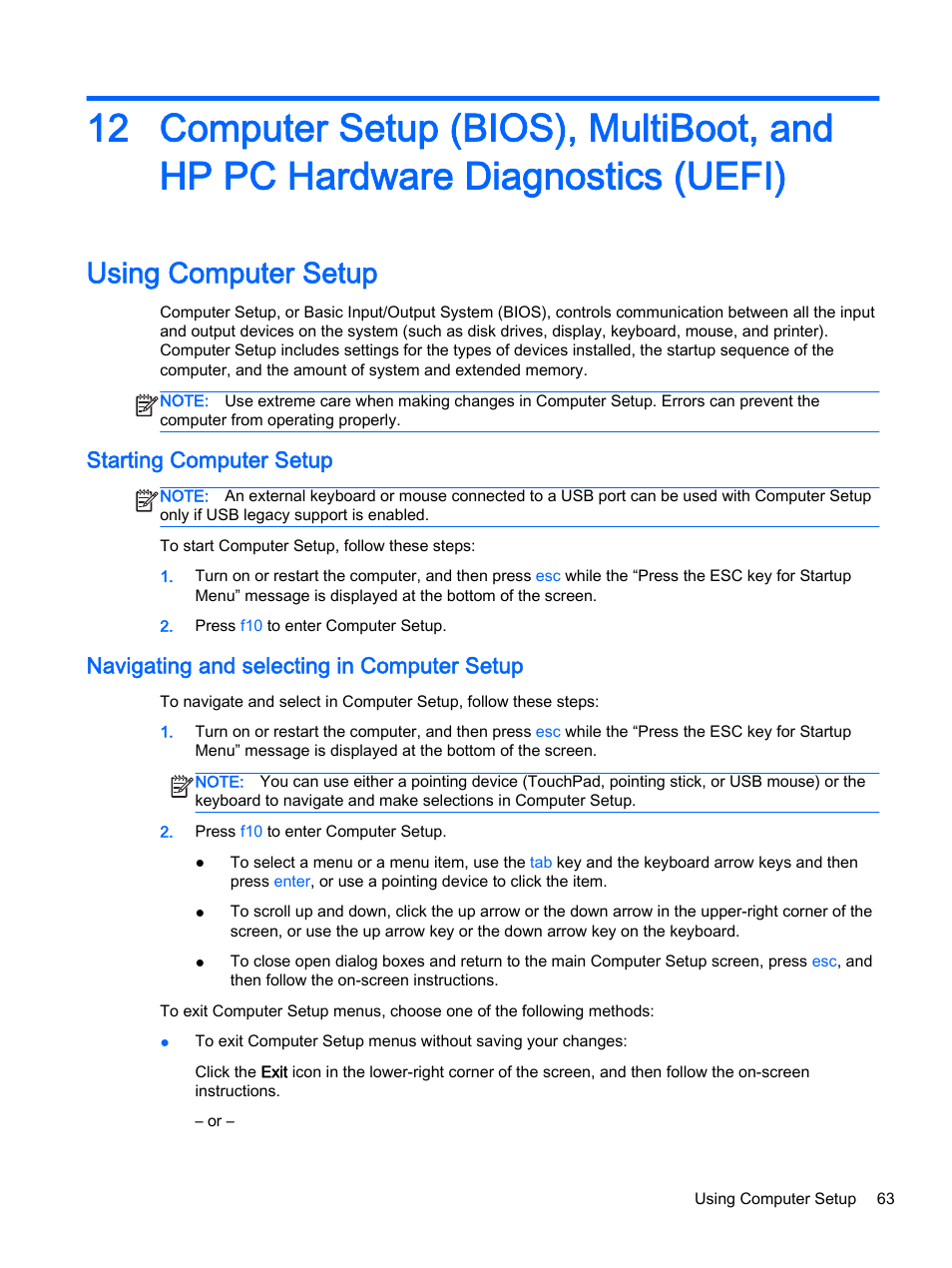 Using computer setup, Starting computer setup, Navigating and selecting in computer setup | HP EliteBook Folio 1040 G1 Notebook PC User Manual | Page 73 / 90
