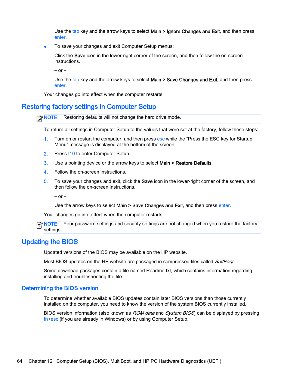 Restoring factory settings in computer setup, Updating the bios, Determining the bios version | HP EliteBook Folio 1040 G1 Notebook PC User Manual | Page 74 / 90
