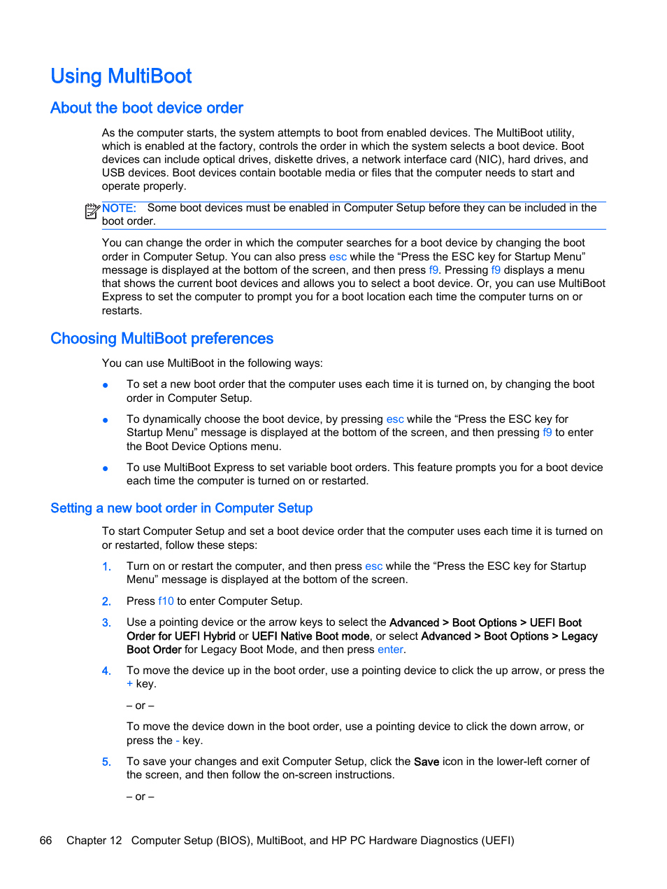 Using multiboot, About the boot device order, Choosing multiboot preferences | Setting a new boot order in computer setup | HP EliteBook Folio 1040 G1 Notebook PC User Manual | Page 76 / 90