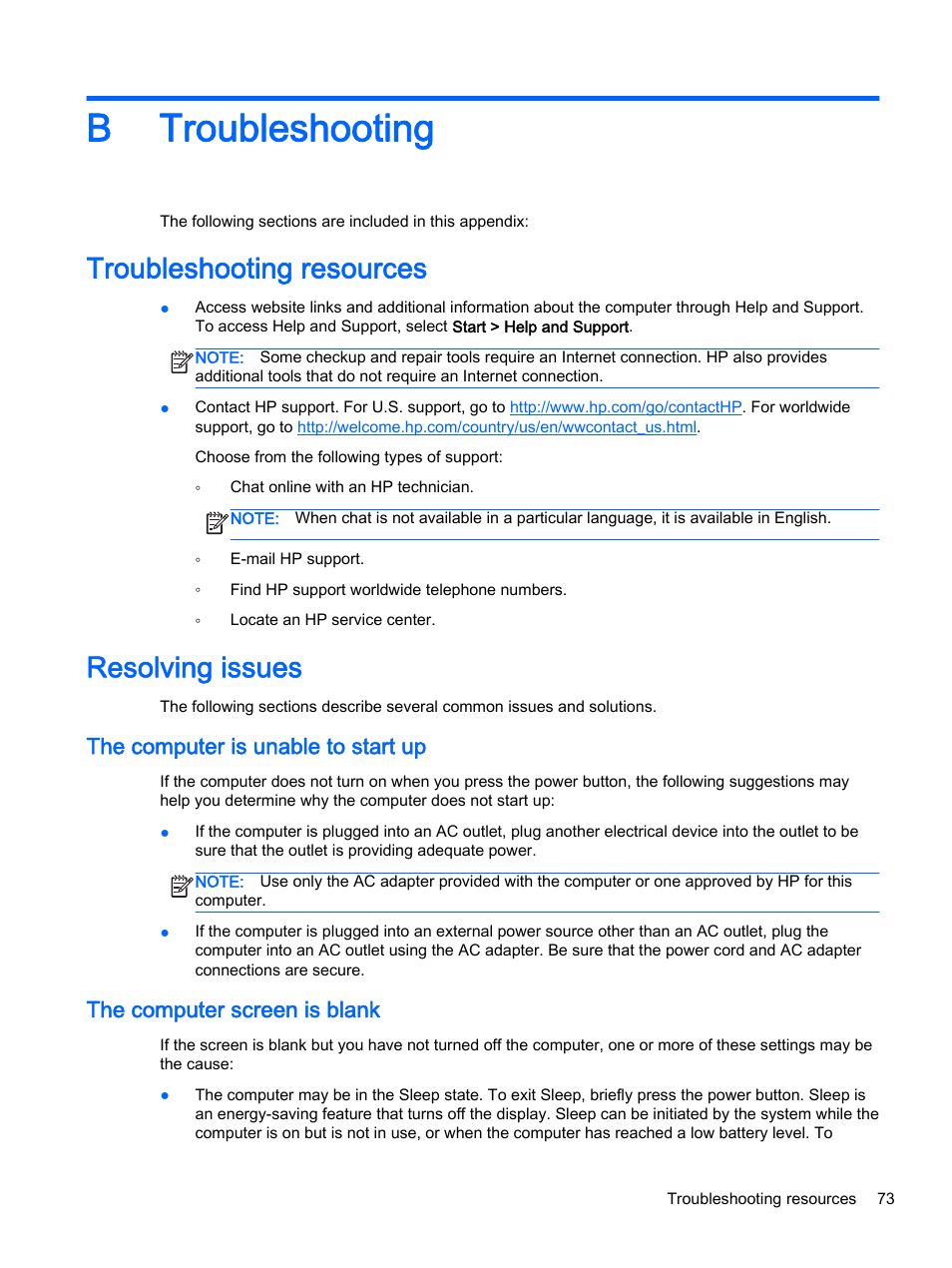 Troubleshooting, Troubleshooting resources, Resolving issues | The computer is unable to start up, The computer screen is blank, Appendix b troubleshooting, Troubleshooting resources resolving issues, B troubleshooting | HP EliteBook Folio 1040 G1 Notebook PC User Manual | Page 83 / 90