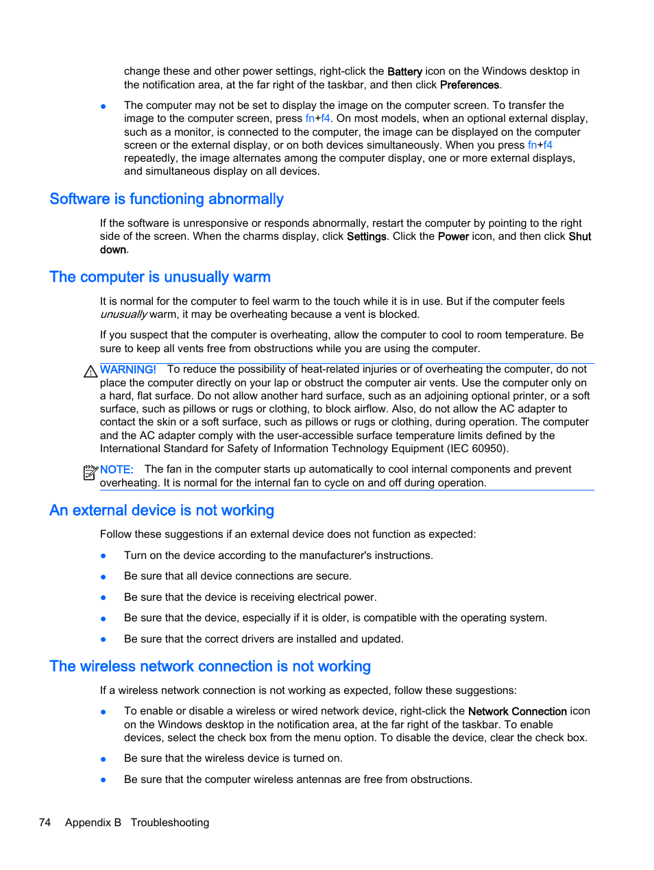 Software is functioning abnormally, The computer is unusually warm, An external device is not working | The wireless network connection is not working | HP EliteBook Folio 1040 G1 Notebook PC User Manual | Page 84 / 90