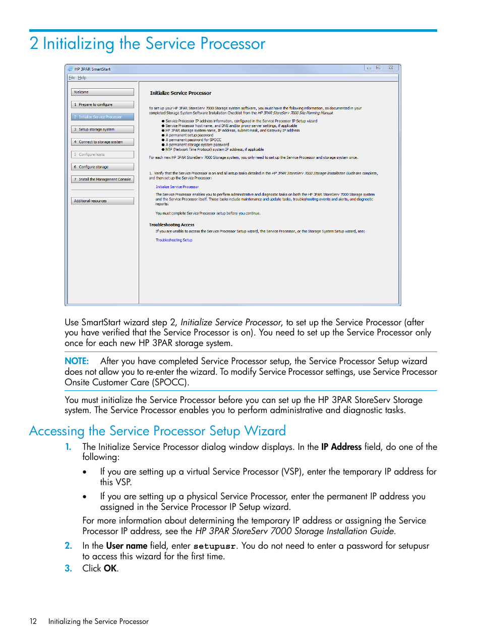 2 initializing the service processor, Accessing the service processor setup wizard | HP 3PAR Operating System Software User Manual | Page 12 / 61