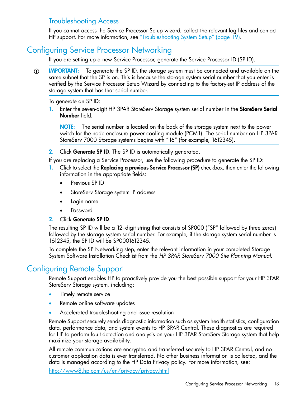 Configuring service processor networking, Configuring remote support, Troubleshooting access | HP 3PAR Operating System Software User Manual | Page 13 / 61