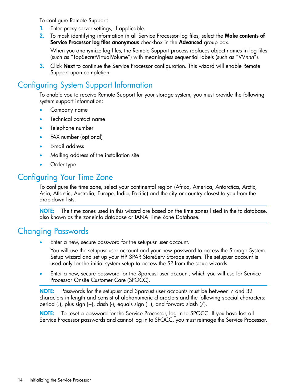 Configuring system support information, Configuring your time zone, Changing passwords | HP 3PAR Operating System Software User Manual | Page 14 / 61