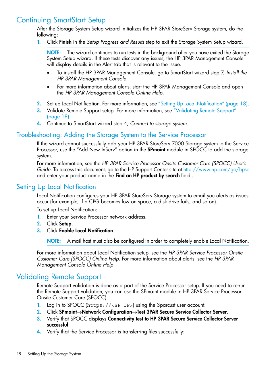 Continuing smartstart setup, Setting up local notification, Validating remote support | HP 3PAR Operating System Software User Manual | Page 18 / 61