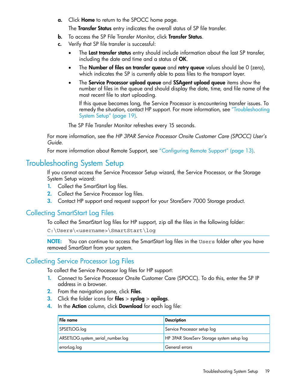 Troubleshooting system setup, Collecting smartstart log files, Collecting service processor log files | HP 3PAR Operating System Software User Manual | Page 19 / 61