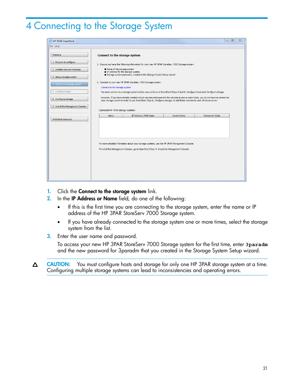 4 connecting to the storage system | HP 3PAR Operating System Software User Manual | Page 21 / 61