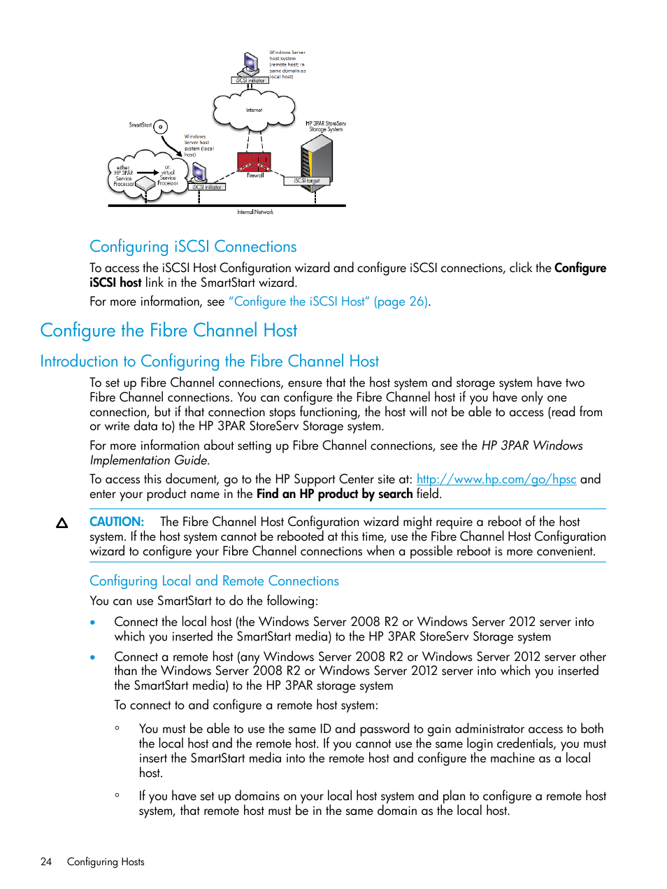 Configure the fibre channel host, Introduction to configuring the fibre channel host, Configuring iscsi connections | HP 3PAR Operating System Software User Manual | Page 24 / 61