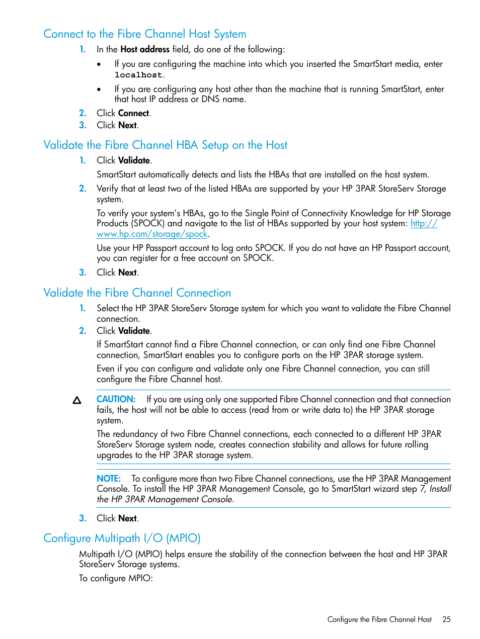 Connect to the fibre channel host system, Validate the fibre channel hba setup on the host, Validate the fibre channel connection | Configure multipath i/o (mpio) | HP 3PAR Operating System Software User Manual | Page 25 / 61