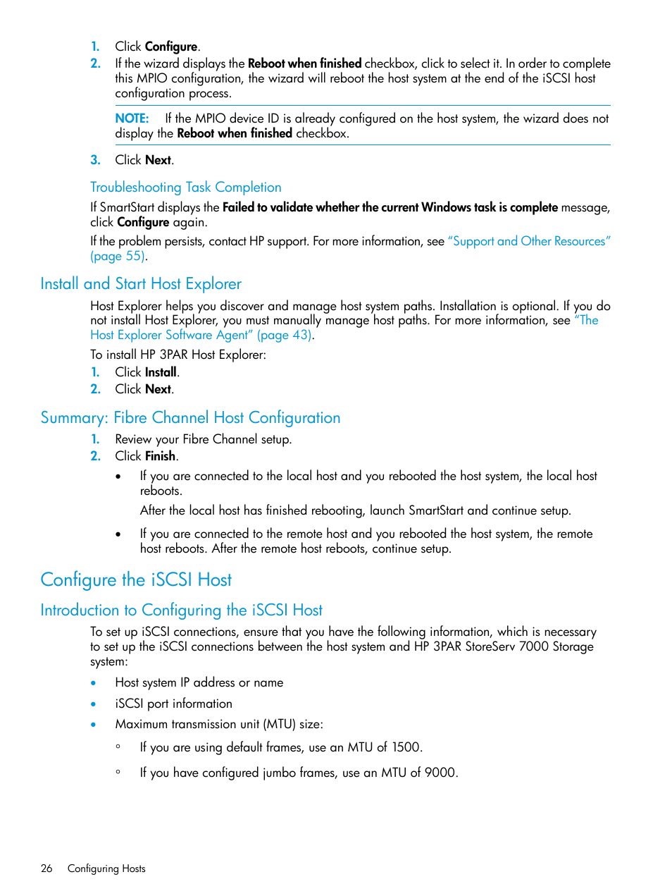 Install and start host explorer, Summary: fibre channel host configuration, Configure the iscsi host | Introduction to configuring the iscsi host | HP 3PAR Operating System Software User Manual | Page 26 / 61