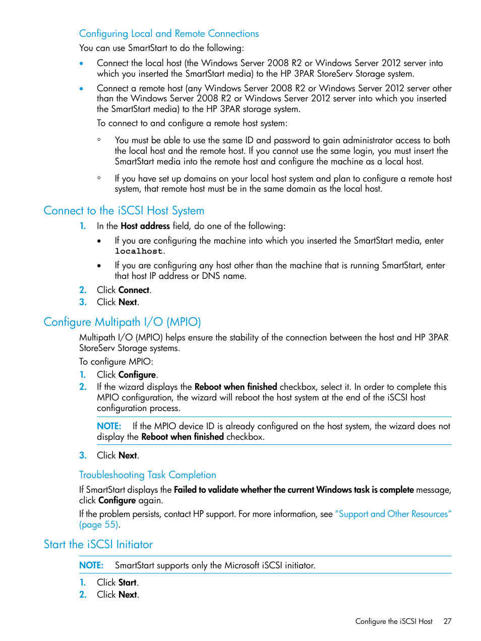 Connect to the iscsi host system, Configure multipath i/o (mpio), Start the iscsi initiator | HP 3PAR Operating System Software User Manual | Page 27 / 61