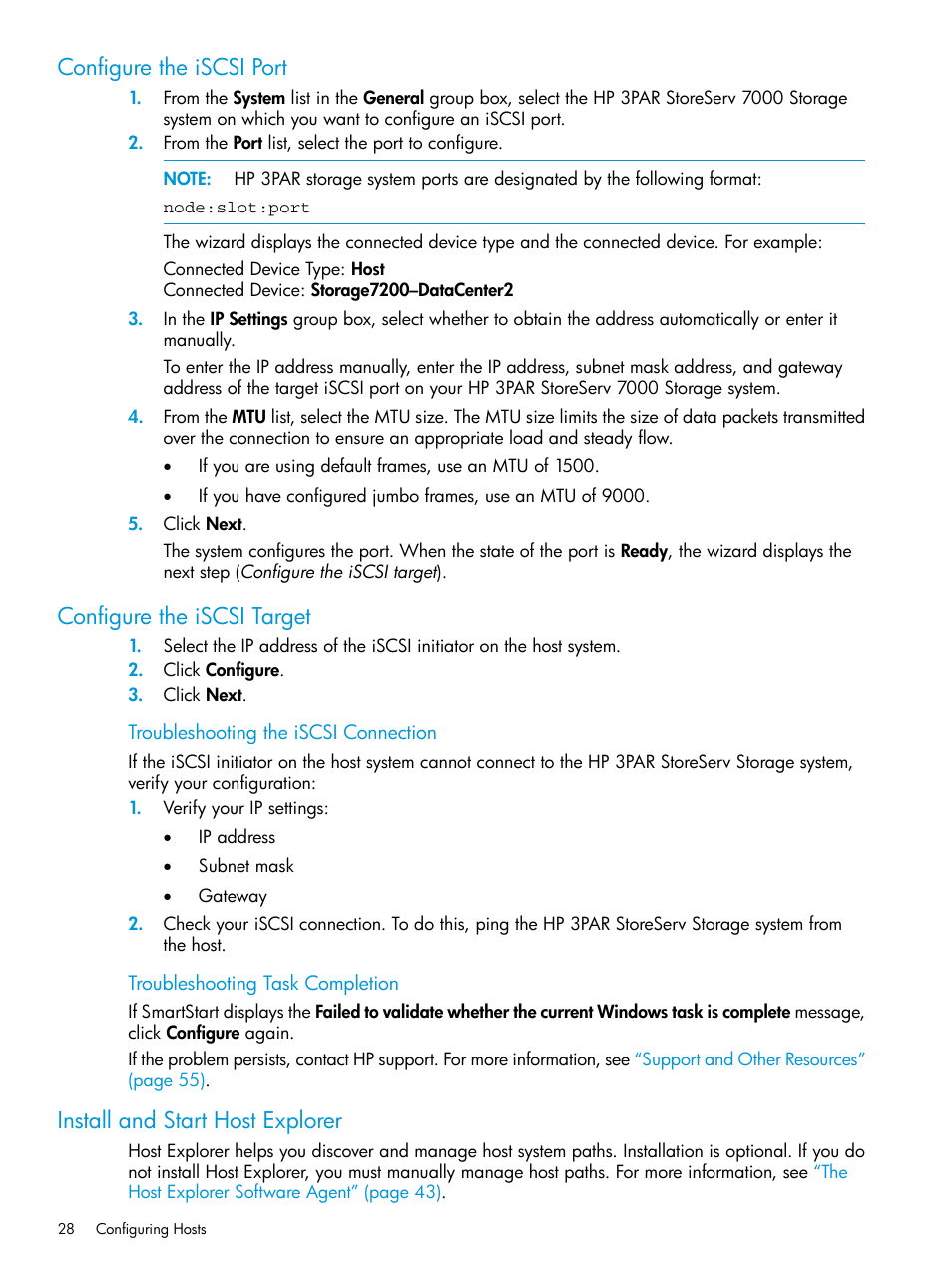 Configure the iscsi port, Configure the iscsi target, Install and start host explorer | HP 3PAR Operating System Software User Manual | Page 28 / 61