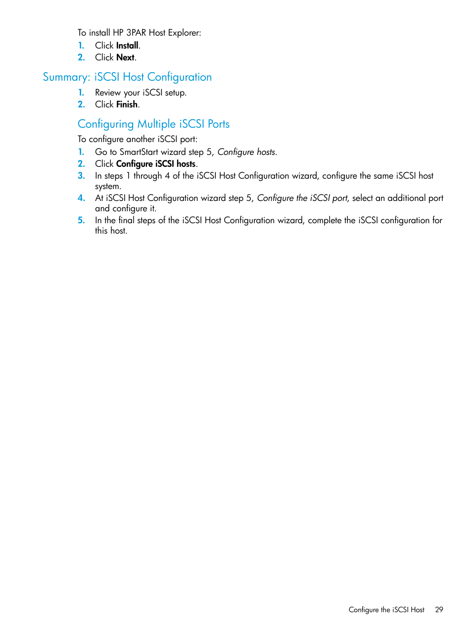 Summary: iscsi host configuration, Configuring multiple iscsi ports | HP 3PAR Operating System Software User Manual | Page 29 / 61