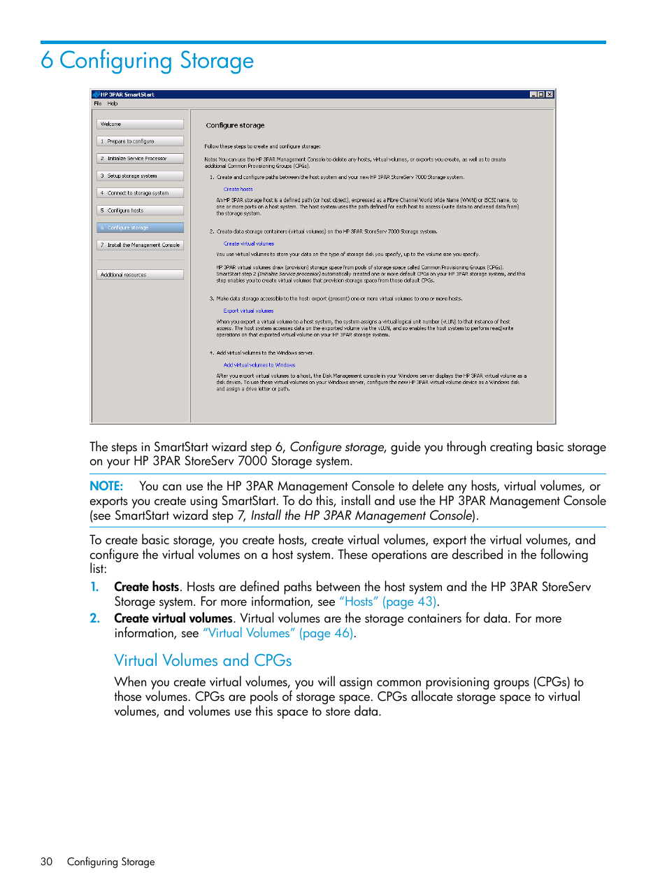 6 configuring storage, Virtual volumes and cpgs | HP 3PAR Operating System Software User Manual | Page 30 / 61