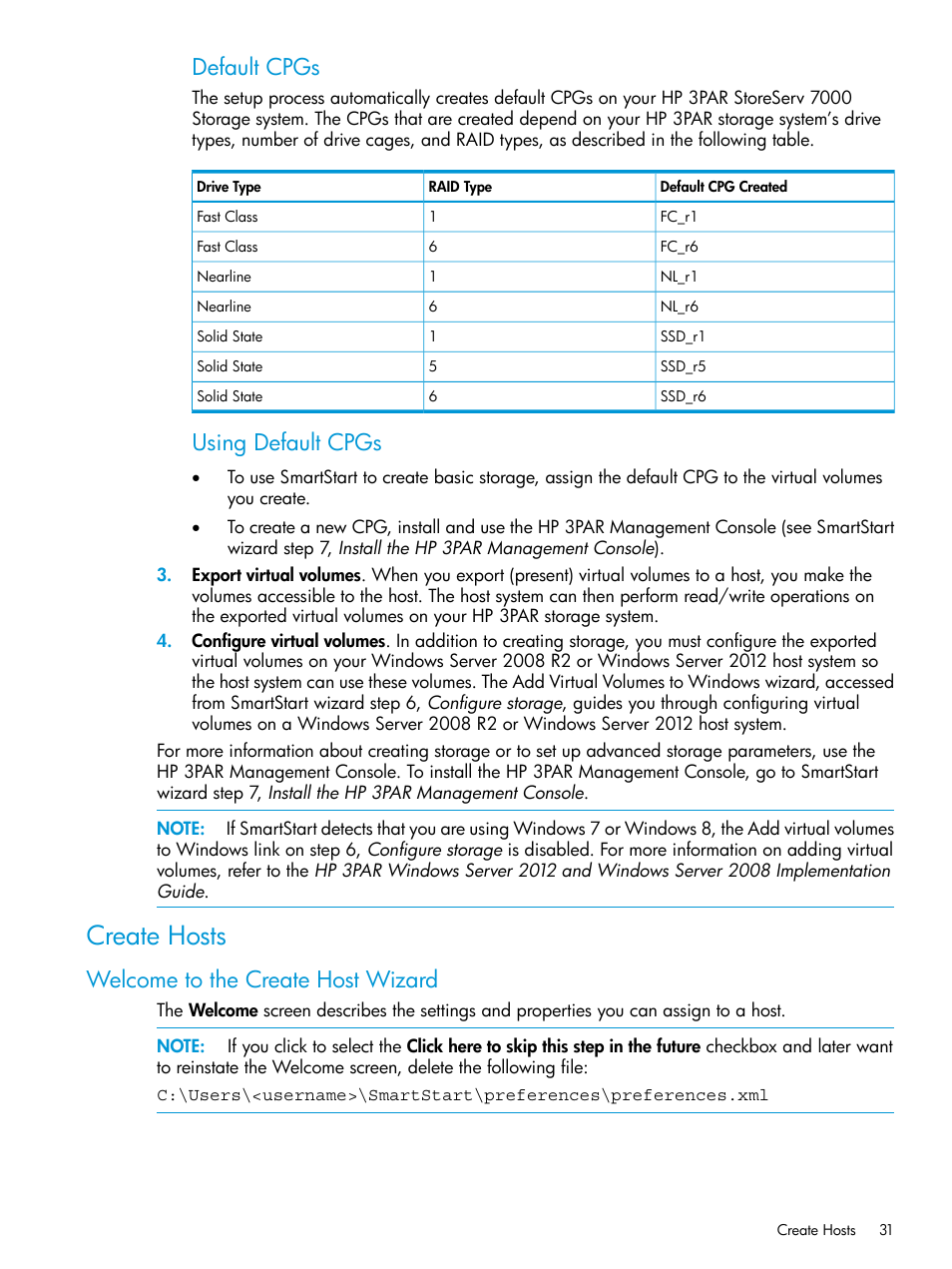 Create hosts, Welcome to the create host wizard, Default cpgs | Using default cpgs | HP 3PAR Operating System Software User Manual | Page 31 / 61