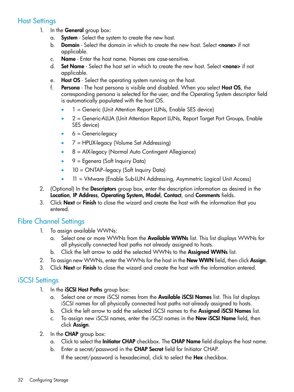 Host settings, Fibre channel settings, Iscsi settings | HP 3PAR Operating System Software User Manual | Page 32 / 61