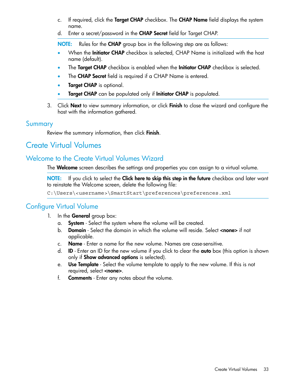 Summary, Create virtual volumes, Welcome to the create virtual volumes wizard | Configure virtual volume | HP 3PAR Operating System Software User Manual | Page 33 / 61