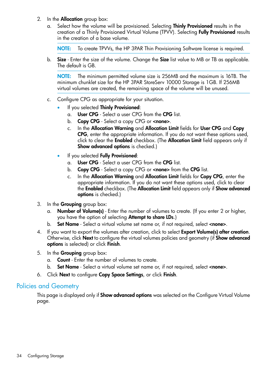 Policies and geometry | HP 3PAR Operating System Software User Manual | Page 34 / 61