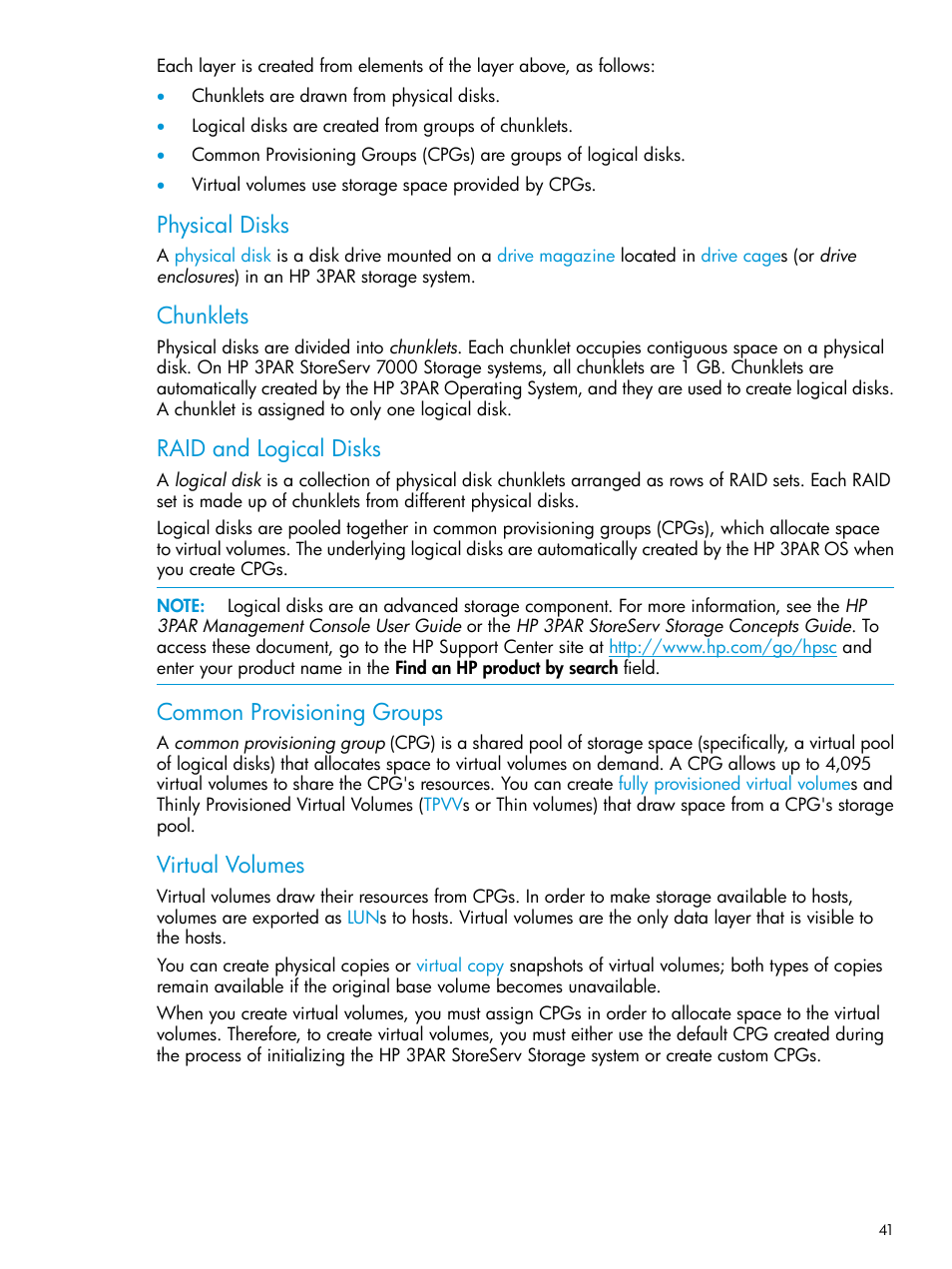 Physical disks, Chunklets, Raid and logical disks | Common provisioning groups, Virtual volumes | HP 3PAR Operating System Software User Manual | Page 41 / 61