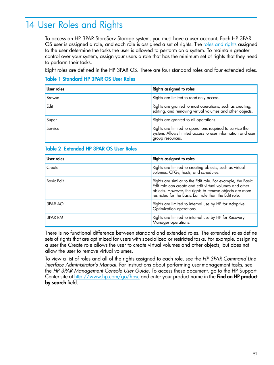 14 user roles and rights | HP 3PAR Operating System Software User Manual | Page 51 / 61