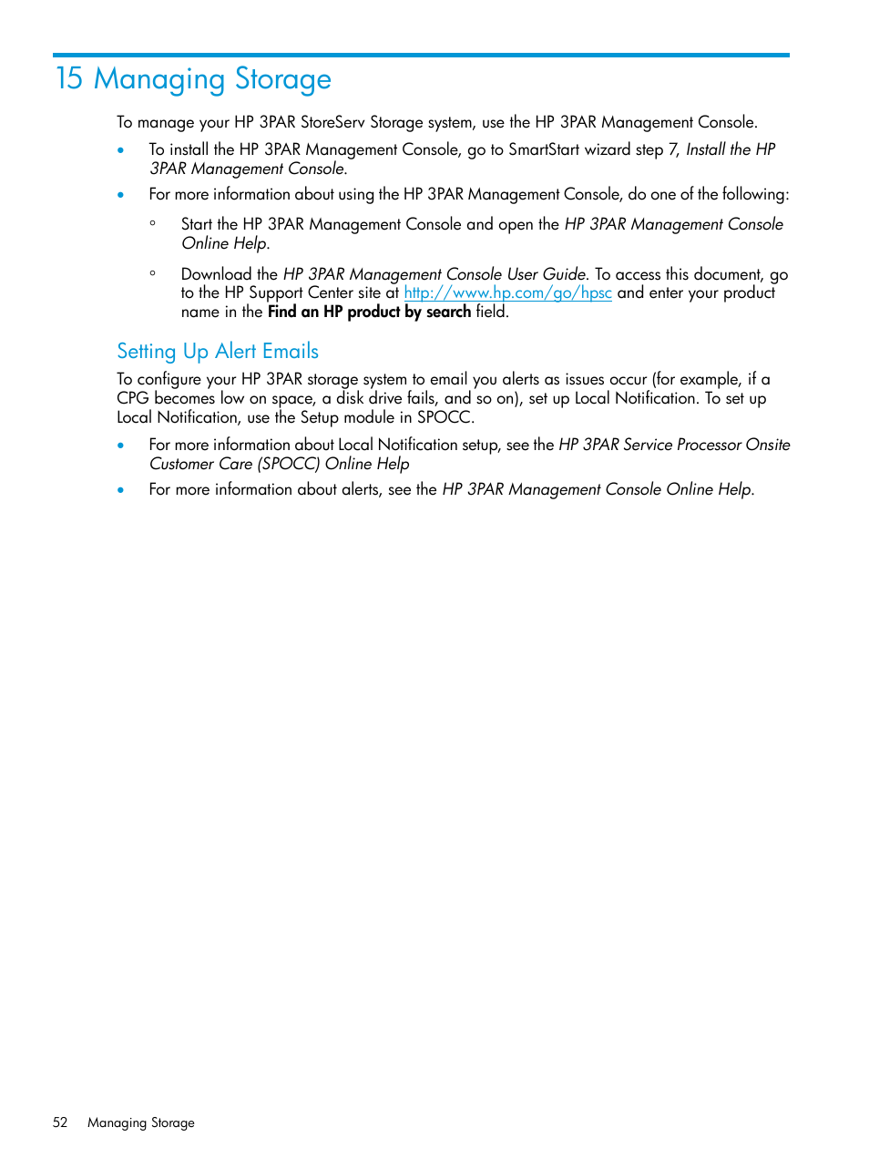 15 managing storage, Setting up alert emails | HP 3PAR Operating System Software User Manual | Page 52 / 61