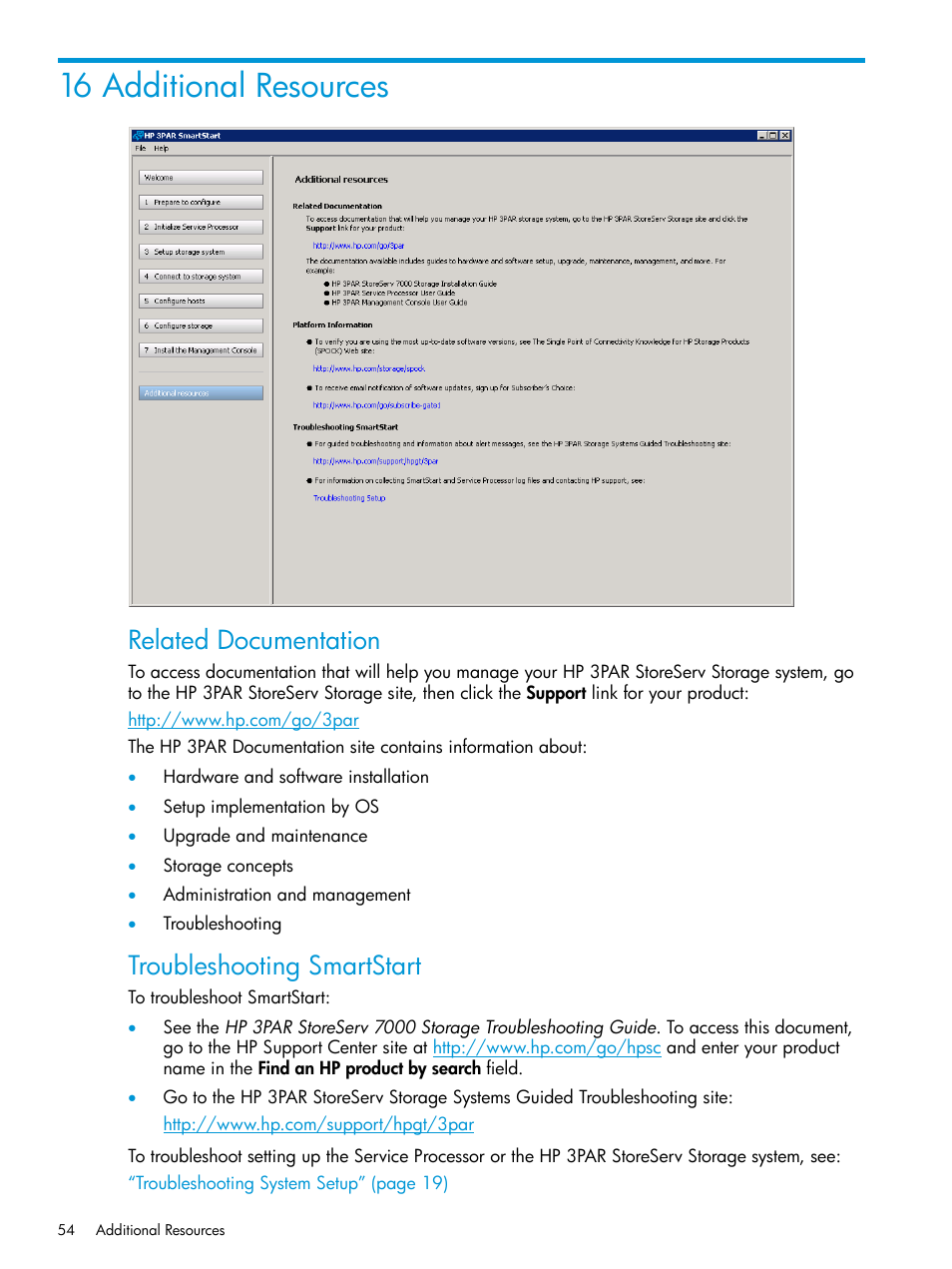 16 additional resources, Related documentation, Troubleshooting smartstart | HP 3PAR Operating System Software User Manual | Page 54 / 61