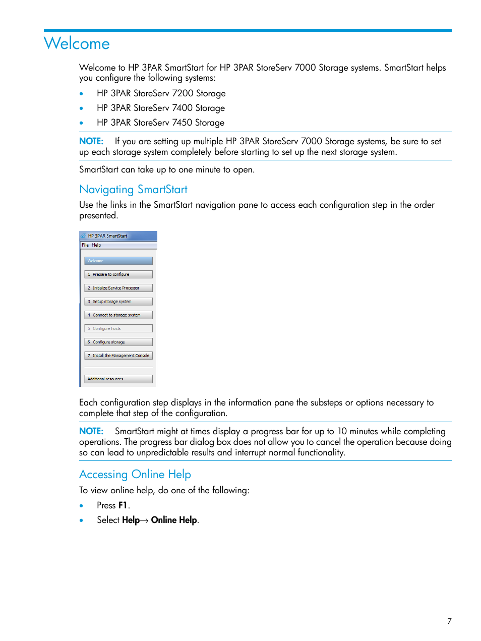 Welcome, Navigating smartstart, Accessing online help | HP 3PAR Operating System Software User Manual | Page 7 / 61