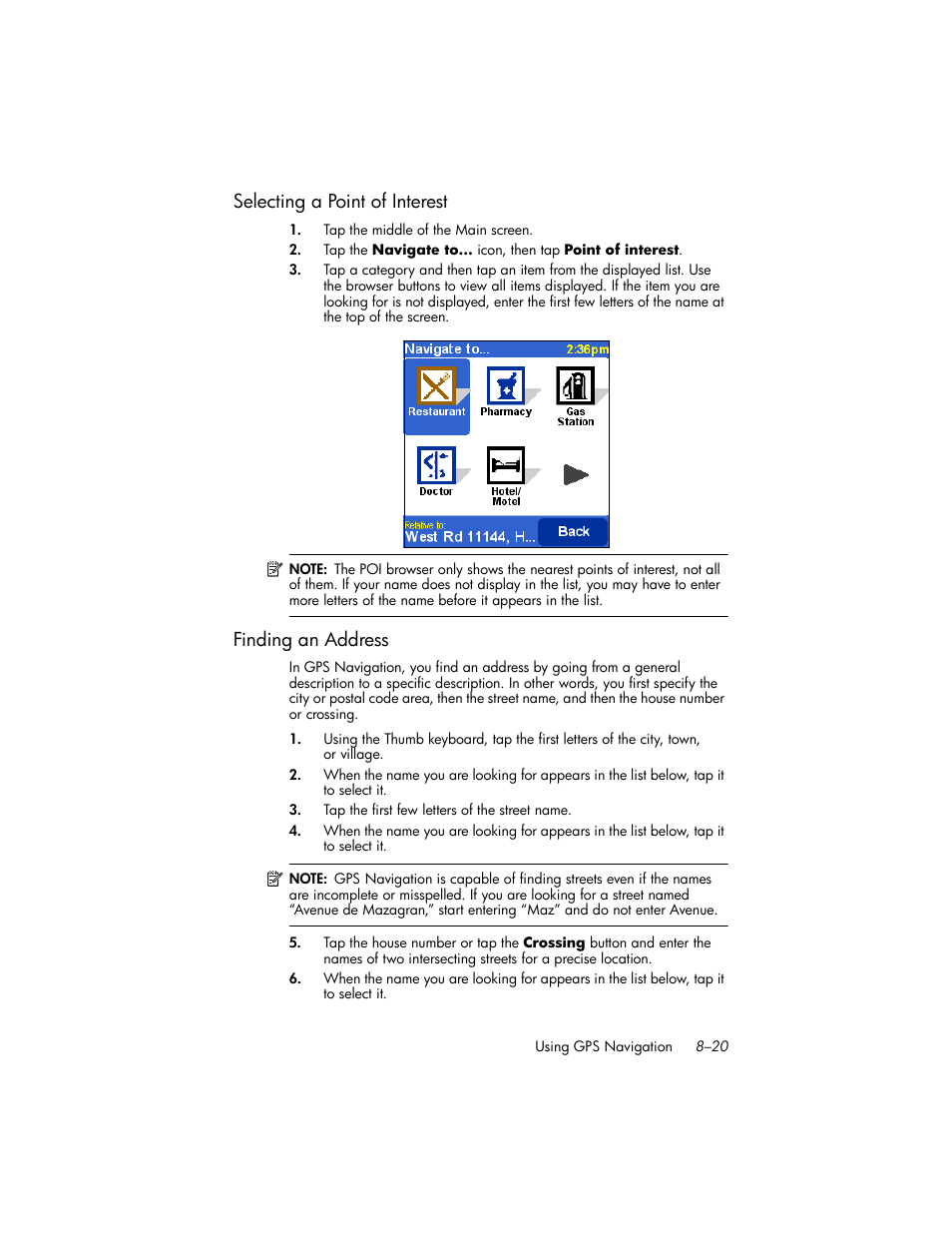 Selecting a point of interest, Finding an address, Selecting a point of interest –20 | Finding an address –20 | HP iPAQ hw6500 Unlocked Mobile Messenger series User Manual | Page 101 / 192