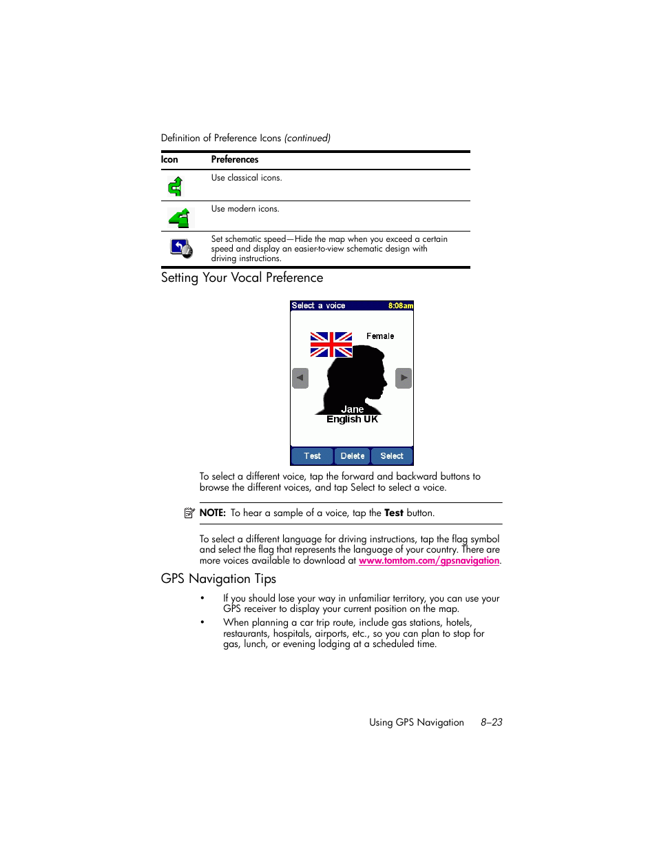 Setting your vocal preference, Gps navigation tips, Setting your vocal preference –23 | Gps navigation tips –23 | HP iPAQ hw6500 Unlocked Mobile Messenger series User Manual | Page 104 / 192