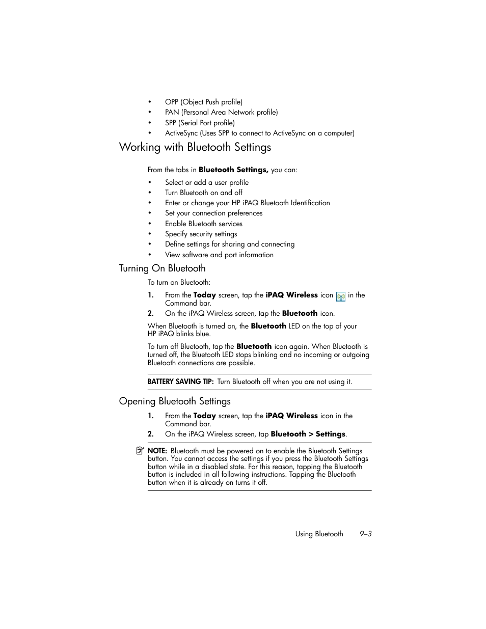 Working with bluetooth settings, Turning on bluetooth, Opening bluetooth settings | Working with bluetooth settings –3, Turning on bluetooth –3, Opening bluetooth settings –3 | HP iPAQ hw6500 Unlocked Mobile Messenger series User Manual | Page 108 / 192