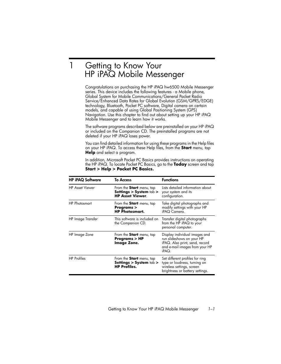 Getting to know your hp ipaq mobile messenger, 1 getting to know your, Hp ipaq mobile messenger | 1getting to know your hp ipaq mobile messenger | HP iPAQ hw6500 Unlocked Mobile Messenger series User Manual | Page 12 / 192