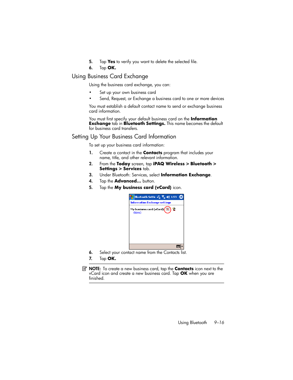 Using business card exchange, Setting up your business card information, Using business card exchange –16 | Setting up your business card information –16 | HP iPAQ hw6500 Unlocked Mobile Messenger series User Manual | Page 121 / 192