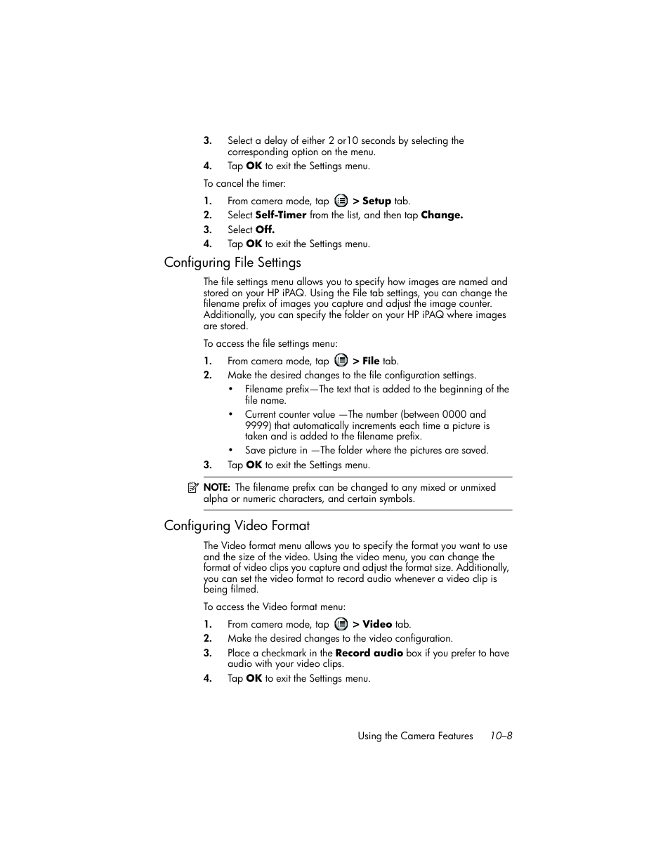 Configuring file settings, Configuring video format, Configuring file settings –8 | Configuring video format –8 | HP iPAQ hw6500 Unlocked Mobile Messenger series User Manual | Page 132 / 192