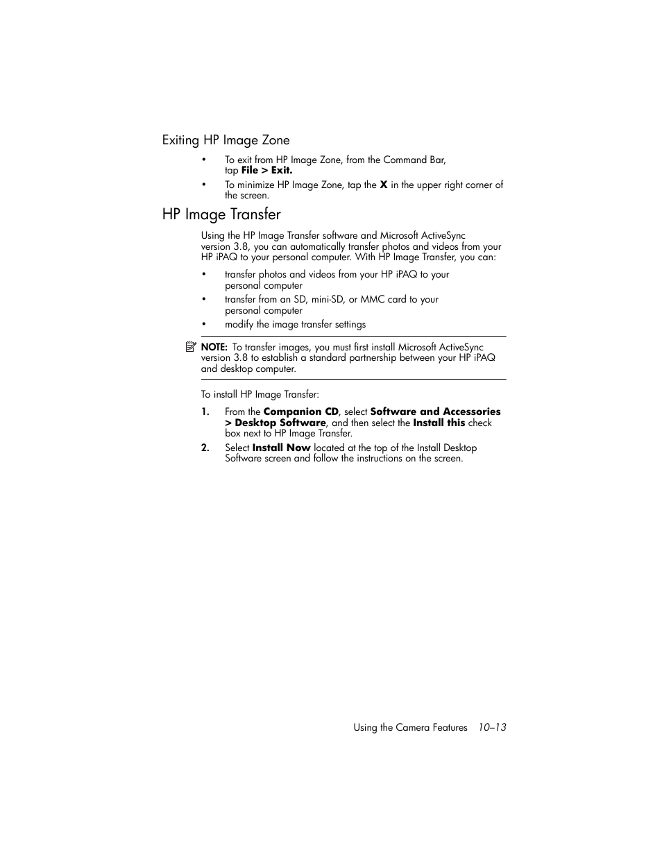 Exiting hp image zone, Hp image transfer, Exiting hp image zone –13 | Hp image transfer –13 | HP iPAQ hw6500 Unlocked Mobile Messenger series User Manual | Page 137 / 192